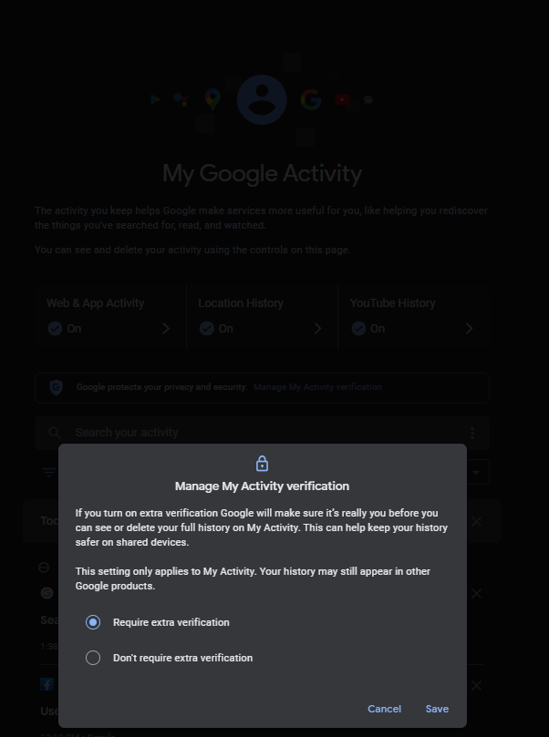 How to password protect Google activity history?