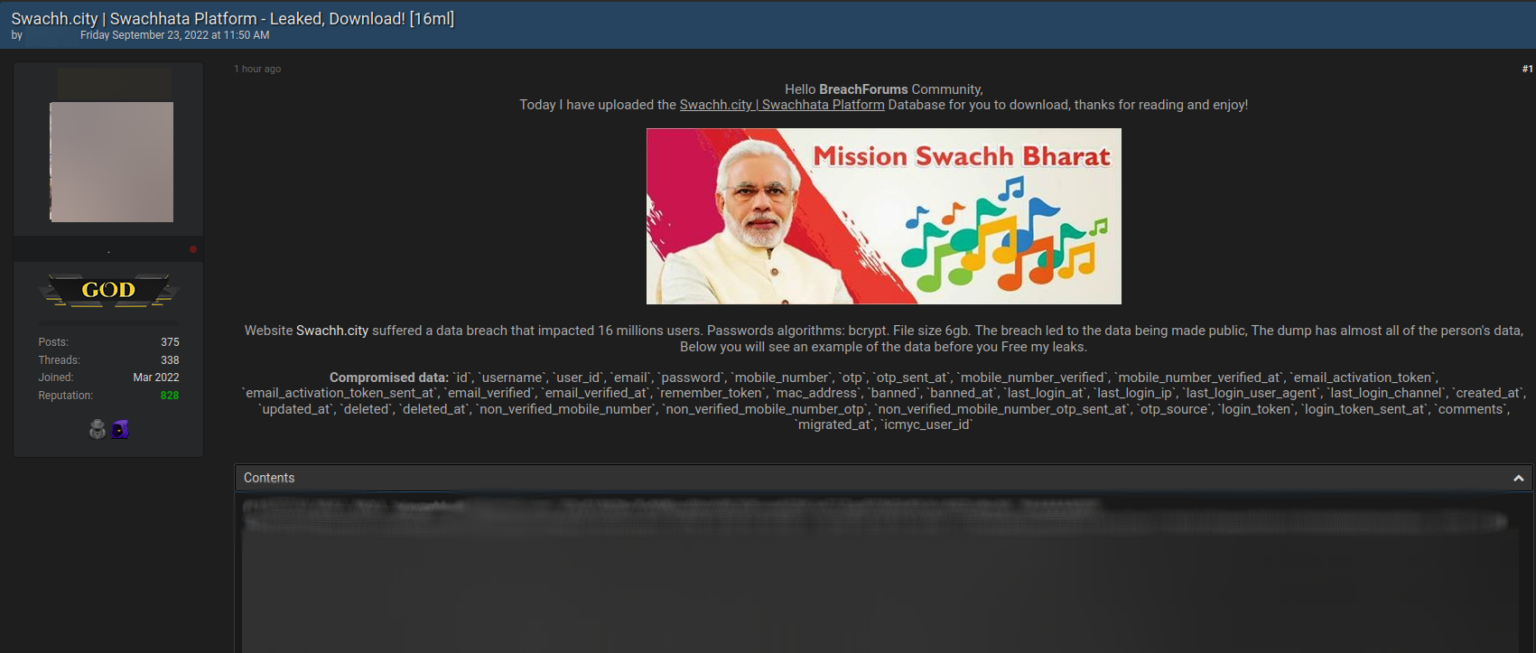 16M User PII Records from Swachhata Platform, India allegedly breached by LeakBase