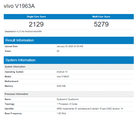 Vivo V1963A on Geekbench reveals Snapdragon 765G and Android 10