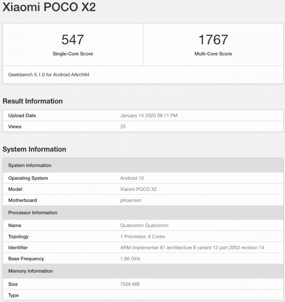 Poco X2 listed On Geekbench with Android 10 and 8GB RAM, It could Be Rebranded Redmi K30