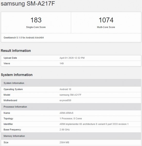 Samsung Galaxy A21s Spotted on Geekbench with Exynos 850 Chipset