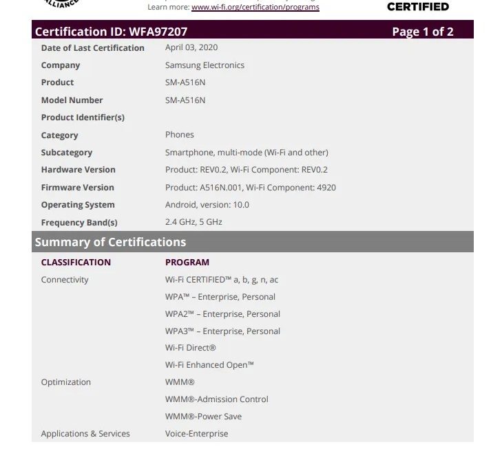 Samsung Galaxy A51 5G Gets Wi-Fi Alliance certification with Android 10