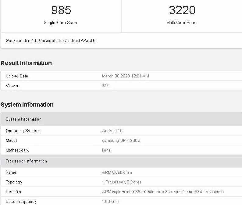 Samsung Galaxy Note 20+ Spotted on Geekbench with Snapdragon 865+ Soc