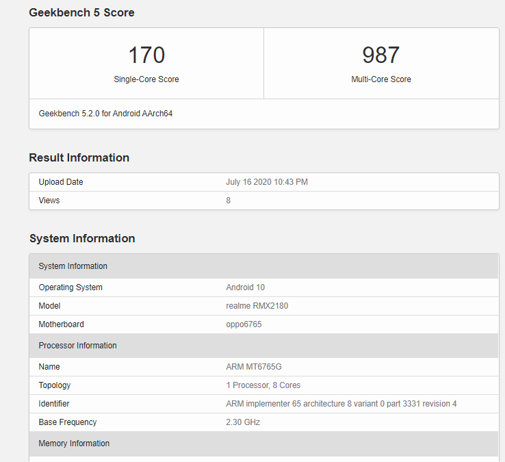 Realme RMX2180 Spotted on Geekbench with MediaTek Helio G35 and 4GB of RAM