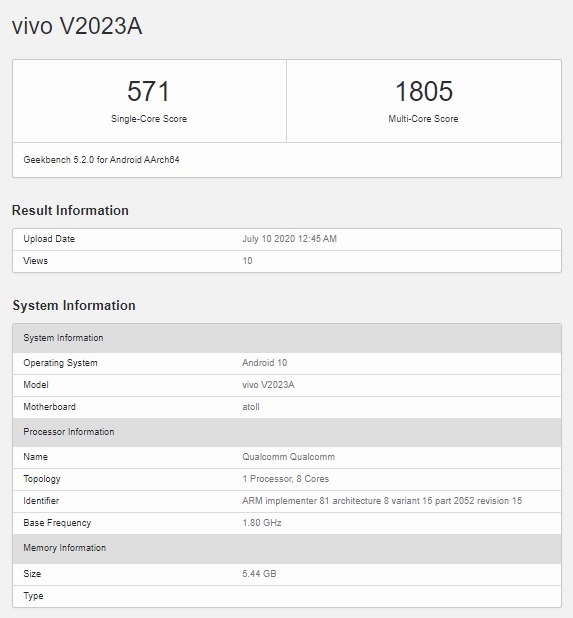 Vivo V2023A Spotted Geekbench with Snapdragon 720G