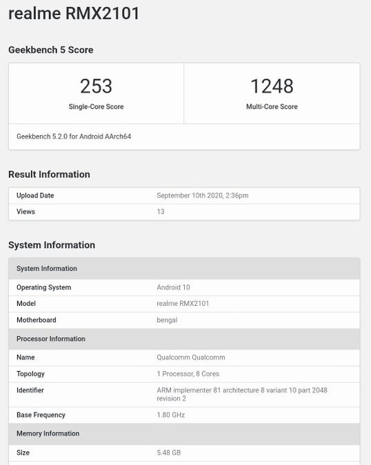 Realme C17 Spotted On Geekbench with Snapdragon 460 Soc