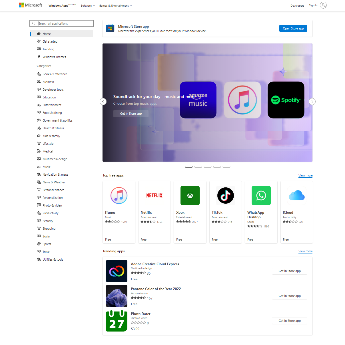 Microsoft Store Web App has a new look with a search bar, app category, and more