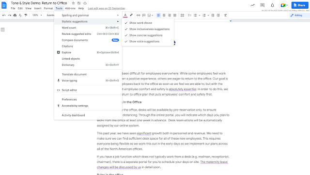 Google Docs rolling out new tone and style suggestions to enhance your writing style