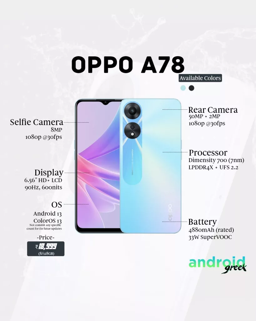 OPPO A78 5G Launched in India with 90Hz Display, Dimensity 700, & 50MP Dual Cameras