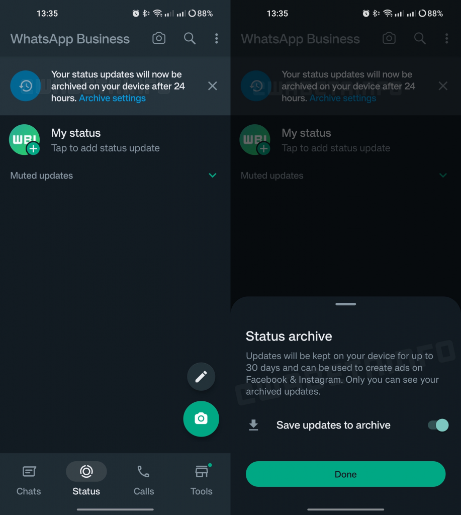 WhatsApp is testing screen sharing, Material Design 3 switches, update tab, status archives, and more in beta.