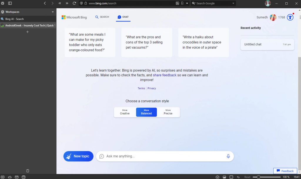 Vivaldi spoofs Edge to access Bing Chat in its web browser.