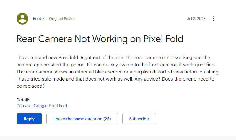 Pixel Fold Rear Camera Not Working